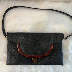 Elegant Black Clutch with Wooden Handle